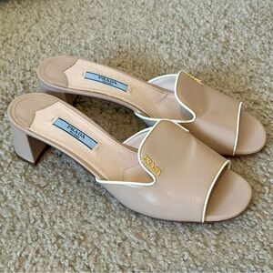 Authentic Prada Beige Saffiano Leather Block Heel Slide Sandals 7